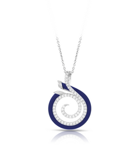 Set on rhodium-plated sterling silver, the pave-set stones and hand-painted blue Italian enamel are swirled together.
