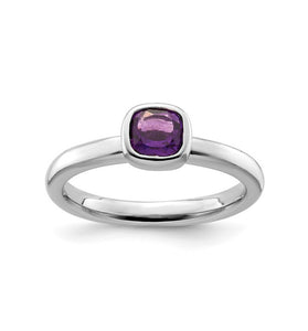 Sterling silver ring set with cushion cut amethyst stone.