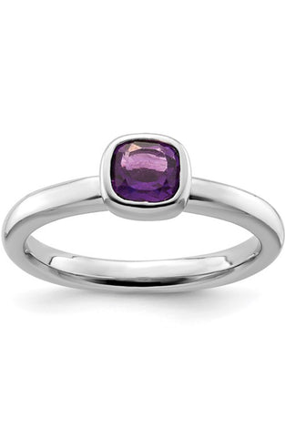 Sterling silver ring set with cushion cut amethyst stone.
