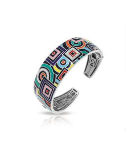Hand-painted multicolored Italian enamel and white stones are set on rhodium-plated sterling silver