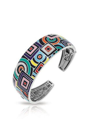 Hand-painted multicolored Italian enamel and white stones are set on rhodium-plated sterling silver