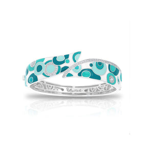 The detail of the circles, on the rhodium-plated sterling silver, are created from hand-painted multicolor Italian enamel, with white stones adding shine