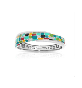 On rhodium-plated sterling silver, it is decorated with a multitude of colors from hand-painted Italian enamel finished with details of pave-set stones