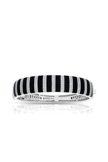 Black and white striped bangle with silver hinge clasp