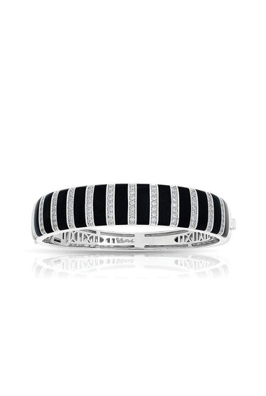 Black and white striped bangle with silver hinge clasp