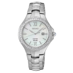 Seiko women's solar watch with silver metal bracelet, crystal bezel, white dial