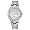 Seiko women's solar watch with silver metal bracelet, crystal bezel, white dial