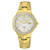Gold-tone women's solar watch with roman numeral dial and jeweled bezel