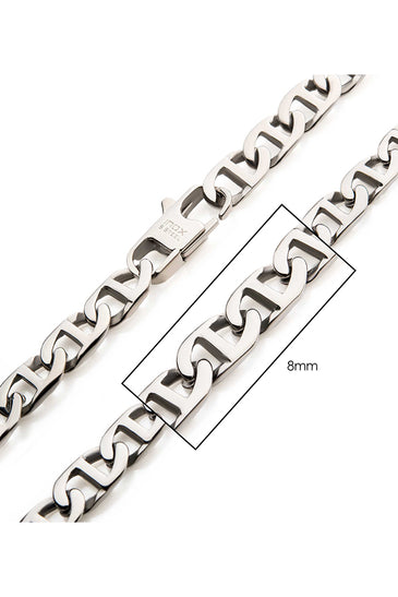 Silver 8 mm mariner link stainless steel chain, side profile with clasp