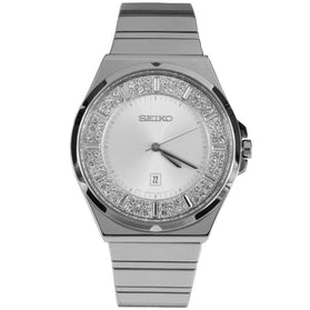 Seiko women's watch with silver round dial, rhinestone bezel, metal bracelet