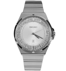 Seiko women's watch with silver round dial, rhinestone bezel, metal bracelet