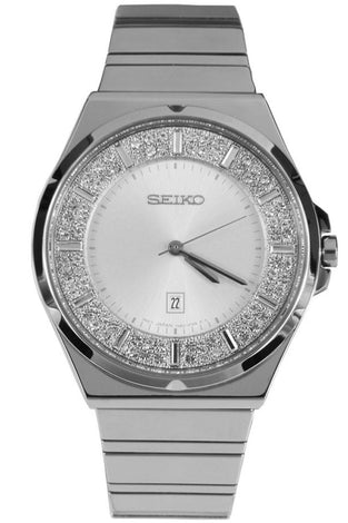 Seiko women's watch with silver round dial, rhinestone bezel, metal bracelet