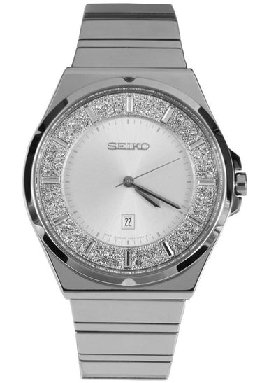 Seiko women's watch with silver round dial, rhinestone bezel, metal bracelet