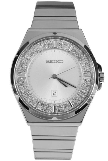 Seiko women's watch with silver round dial, rhinestone bezel, metal bracelet