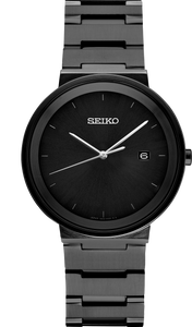 Seiko men's watch with dark dial, baton markers, three hands, date window at 6