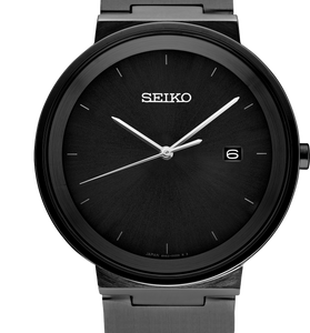 Seiko men's watch with dark dial, baton markers, three hands, date window at 6
