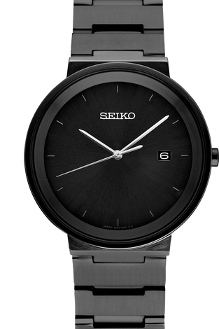 Seiko men's watch with dark dial, baton markers, three hands, date window at 6