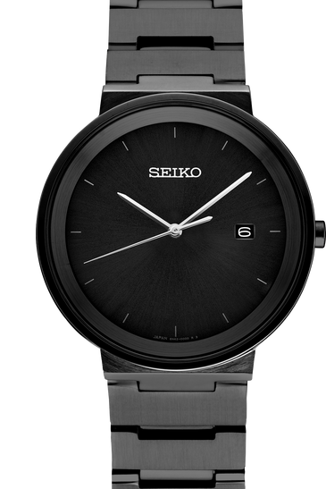 Seiko men's watch with dark dial, baton markers, three hands, date window at 6