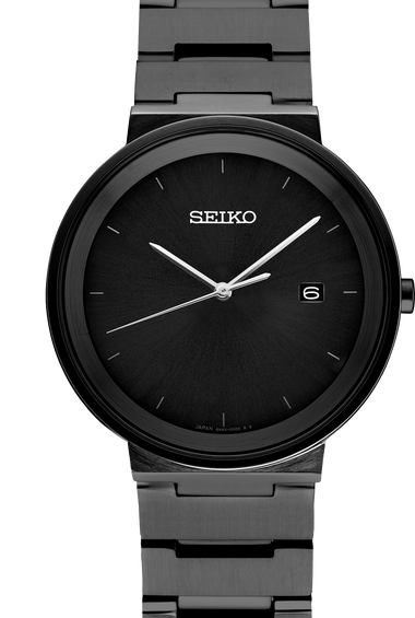 Seiko men's watch with dark dial, baton markers, three hands, date window at 6