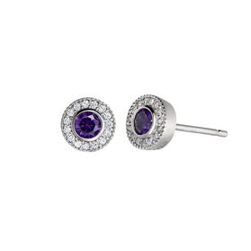 Amethyst halo stud earrings in sterling silver with round crystal halo