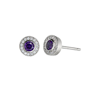 Amethyst halo stud earrings in sterling silver with round crystal halo