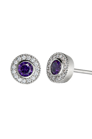 Amethyst halo stud earrings in sterling silver with round crystal halo