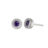 Amethyst halo stud earrings in sterling silver with round crystal halo