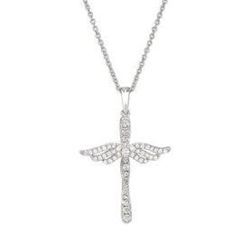 Silver-tone CZ cross pendant with angel wings design and matching chain