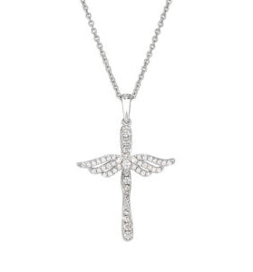 Silver-tone CZ cross pendant with angel wings design and matching chain