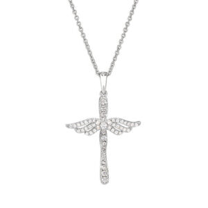 Silver-tone CZ cross pendant with angel wings design and matching chain