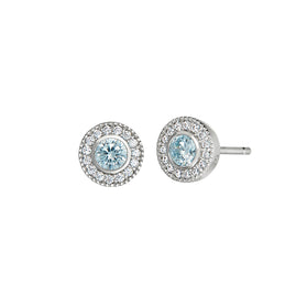 Round aquamarine halo stud earrings in sterling silver with clear pavé border.