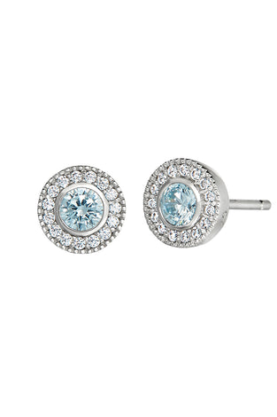 Round aquamarine halo stud earrings in sterling silver with clear pavé border.