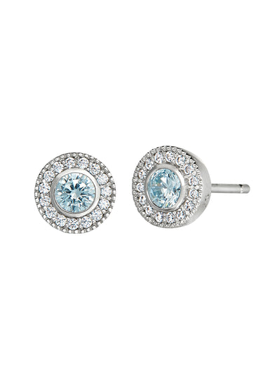Round aquamarine halo stud earrings in sterling silver with clear pavé border.