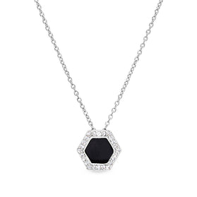 Hexagon black enamel sterling silver pendant with jeweled border on chain