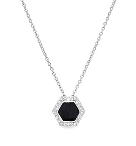 Hexagon black enamel sterling silver pendant with jeweled border on chain