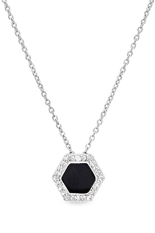 Hexagon black enamel sterling silver pendant with jeweled border on chain