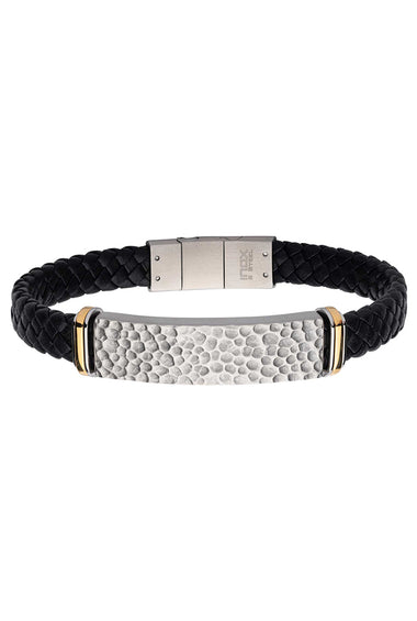 Stainless steel ID bracelet with black braided leather and hammered metal plate