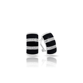 Sterling silver and black enamel stripe hoop earrings with crystal border