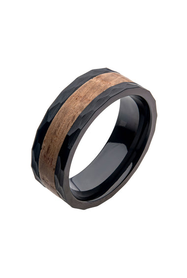Black stainless steel ring with wood barrel inlay, beveled edge, silver inner band