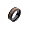 Black stainless steel ring with wood barrel inlay, beveled edge, silver inner band