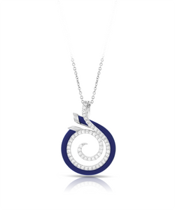 Sterling silver pendant with blue enamel circle and spiral swirl inlaid with crystals