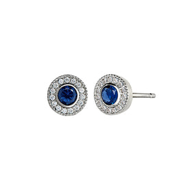 Sterling silver halo stud earrings with blue lab sapphire center and clear crystal border