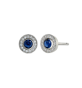 Sterling silver halo stud earrings with blue lab sapphire center and clear crystal border