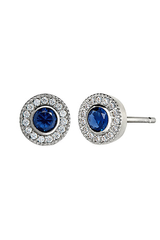 Sterling silver halo stud earrings with blue lab sapphire center and clear crystal border