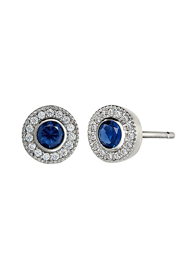 Sterling silver halo stud earrings with blue lab sapphire center and clear crystal border