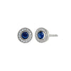 Sterling silver halo stud earrings with blue lab sapphire center and clear crystal border