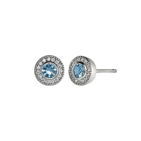 Sterling silver halo blue topaz stud earrings with pavé crystal accents