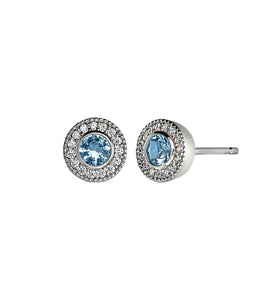 Sterling silver halo blue topaz stud earrings with pavé crystal accents