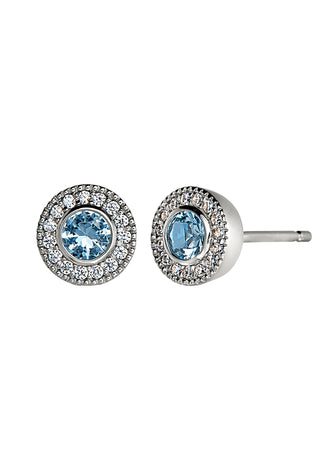 Sterling silver halo blue topaz stud earrings with pavé crystal accents