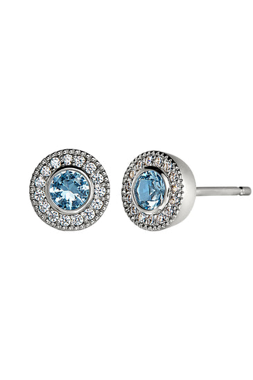 Sterling silver halo blue topaz stud earrings with pavé crystal accents